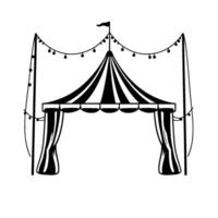 a stylized black and white illustration of a striped circus tent entrance with string lights, flag, and draped curtains, minimalist and decorative. vector