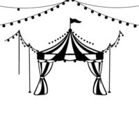 a stylized black and white circus tent with string lights, flag, and draped curtains in a minimalist . vector