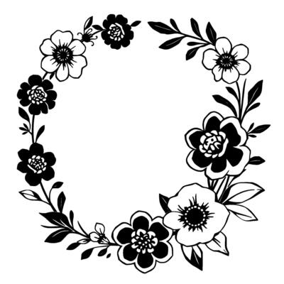 black and white floral wreath a symmetrical, handdrawn botanical illustration with stylized flowers and leaves, perfect for frames or decorative elements.