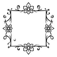 elegant blackandwhite floral frame with square center, decorative vines, and stylized flower accents ideal for invitations and embellishments. vector
