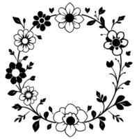 black and white floral wreath detailed minimalist illustration of various flower and leaf types forming a symmetrical circular frame. vector