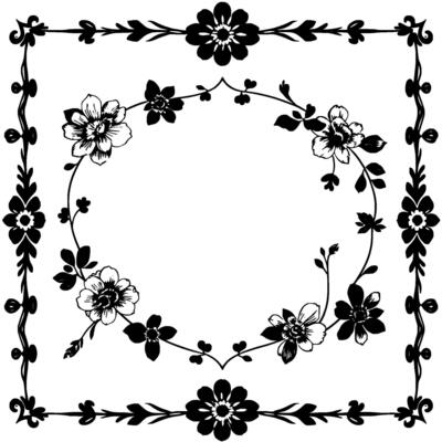 elegant floral frame a symmetrical black and white illustration featuring floral elements, leaves, vines, and a central oval space.