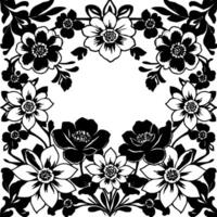 symmetrical black and white floral arrangement, forming a frame with diverse flower types and leaves. vector