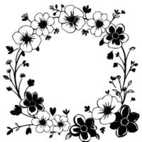 monochrome floral wreath handdrawn line art featuring delicate flowers, leaves, and branches arranged in a circular frame. vector