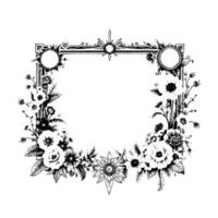 elegant black and white floral frame with ornate architectural elements, circular embellishments, and intricate foliage surrounding a central blank space. vector