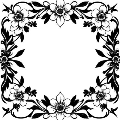 intricate black and white floral frame with detailed blossoms and leafy flourishes, decorative border .