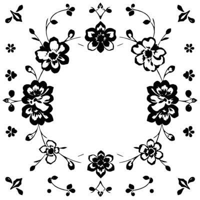 elegant monochrome floral with symmetrical arrangement of stylized blossoms, leaves and decorative elements, white background.