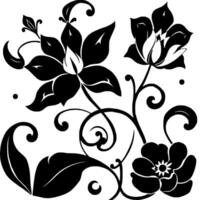 elegant black and white floral pattern with flourishes a stylized depiction of blooming flowers and vines, creating a classic ornamental on a pristine white background. vector
