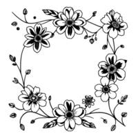 intricate black and white floral wreath with varied bloom types, leaves, and buds, creating a decorative border or frame. vector