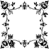 elegant black and white floral frame roses and leaves forming border with decorative curves and negative space center. vector