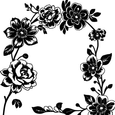 intricate black and white floral illustration a graceful vine border of blossoms and leaves, forming a decorative frame.