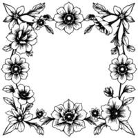 a monochrome floral square frame with intricate detailing, blossoms, and a delicate, botanical aesthetic. vector