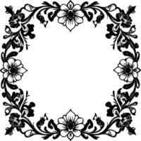 intricate black and white floral border with detailed botanical elements framing a blank, open space. vector