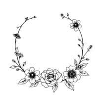elegant, minimalist floral wreath with various flower types and leaves, rendered in a stark black and white line art style, perfect for invitations. vector