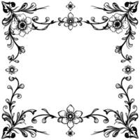 ornate black and white floral frame with intricate details, featuring flowers and vines on a white background. vector