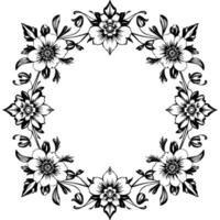 intricate black and white floral wreath a symmetrical illustration of stylized flowers, leaves, and buds arranged in a circular frame with a central void. vector