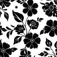 monochrome floral pattern repeating silhouettes of flowers and leaves on white background for seamless . vector