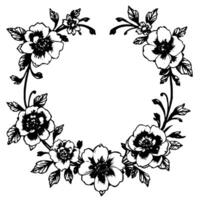 elegant black and white floral wreath illustration, meticulously drawn with delicate details, creating a symmetrical botanical . vector
