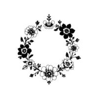 elegant monochromatic floral wreath illustration featuring a diverse arrangement of stylized flowers and leaves, creating a circular frame on white backdrop. vector