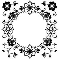 elegant black and white floral wreath intricate, symmetrical arrangement featuring stylized flowers, leaves, and vines in a circular composition with a blank, central space. vector