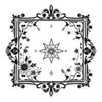 intricate black white floral frame with a starburst centerpiece and botanical embellishments on a clean white background. vector