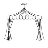 line art illustration of a stylized circus tent awning with scalloped edge and draped curtains tied back with ropes, topped with a flag. vector