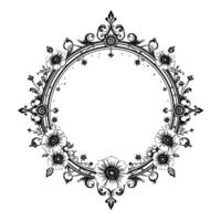 elegant handdrawn floral frame in black and white featuring detailed flowers, vines, and intricate scrollwork border, perfect for invitations. vector