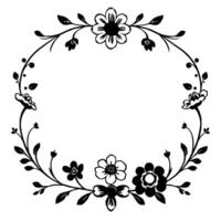 elegant black and white floral wreath, stylized with delicate flowers, leaves, and subtle bow, forming a decorative circular frame, perfect for designs. vector