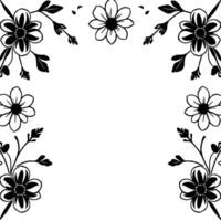 black white floral border with daisies and botanical elements creating a symmetrical elegant frame. vector