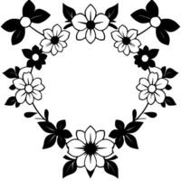elegant black and white floral wreath illustration, arranged in a circular with varied flower types and leaf detailing, on a clean white background. vector