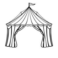whimsical, blackandwhite illustration of a classic circus tent with striped roof, scalloped edge, draped curtains, and a small flag at the apex. vector