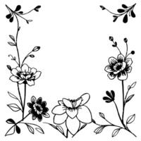 intricate black and white floral border with delicate flowers, leaves, and vines, creating a decorative frame. vector
