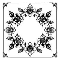 elegant black and white floral wreath with decorative border, featuring detailed petals and leafy accents, creating a circular frame on a white background. vector