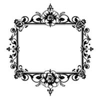 ornate black floral frame with rectangular center, elegant , detailed petals, and swirl accents, isolated on white background. vector