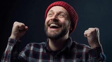 Man Celebrates Success with Joyful Expression Wearing a red beanie he looks upward with a genuine smile and raised fists photo