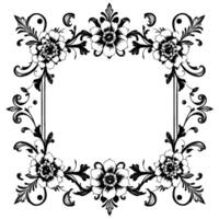 intricate black and white floral frame with detailed petals and ornamental scrollwork, elegant on white background. vector