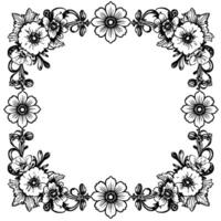 floral rectangular frame detailed black and white illustration featuring a symmetrical arrangement of blooming flowers, leaves, and ornate flourishes, creating an elegant border. vector