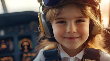 Young aviator with goggles and headset smiles in an airplane cockpit dreaming of flight and adventure full of joy and curiosity photo