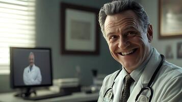 Smiling doctor in white coat with stethoscope indoor setting warm lighting another doctor visible on computer screen photo