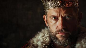 A regal man with a stern look adorned with a golden crown and fur collar stands against a dark backdrop with a determined gaze photo
