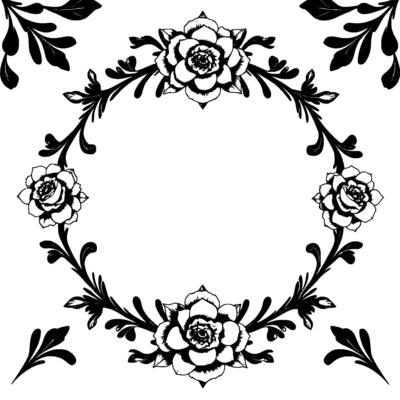 elegant floral frame ornate black and white featuring four roses within a vine circle, bordered by leafy corner accents.