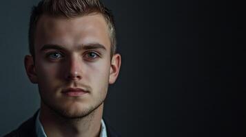Close-up of a handsome young man with light hair and striking blue eyes looking directly at the camera in a studio setting photo
