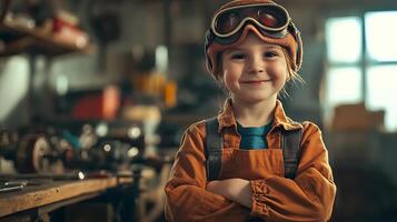 Young child dressed up in pilot attire and goggles standing confidently in a workshop ready for adventure and creative play photo