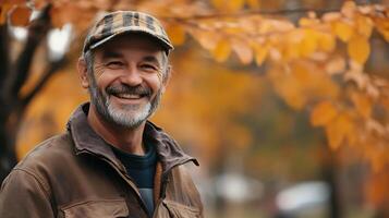 Smiling mature man in a cap outdoors enjoying the autumn season with vibrant foliage creating a warm inviting scene photo