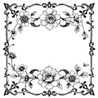 ornate black and white floral frame with botanical elements and a decorative border on a white background. vector