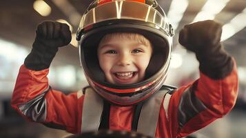 Enthusiastic young racer in helmet with fists raised celebrating a victory or a thrilling experience in an indoor go-kart setting photo