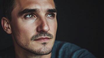 Pensive man looking up lost in thought with soft lighting accentuating his features against a dark background Serene and contemplative photo