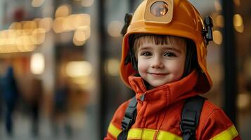 A smiling young child dressed in a bright orange firefighter uniform and helmet set against a blurry urban backdrop Portrait photo
