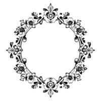 intricate black and white floral wreath illustration, featuring detailed flower blossoms and stylized leaf elements, arranged in a symmetrical circular pattern on a white background. vector