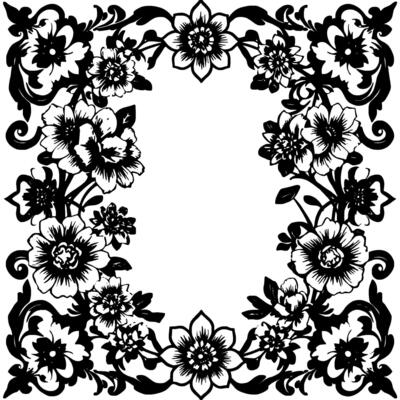 elegant black white floral border with ornamental blooms and leafy vines, forming a symmetrical square, white space center.